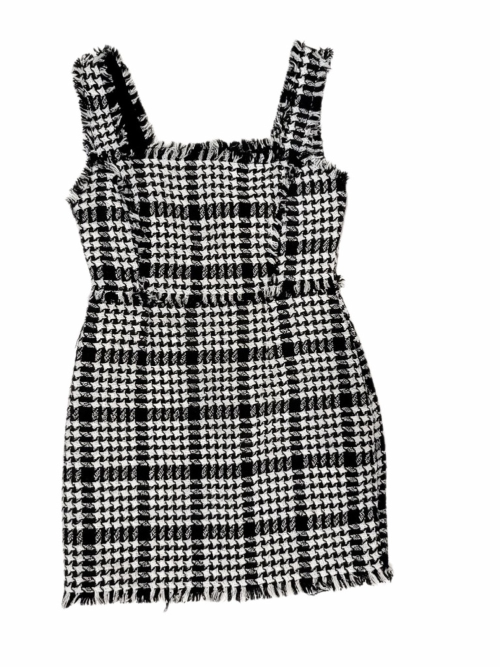 Black & White Tweed Plaid Mini Dress | designer-Inspired Fringe Trim